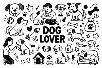 dog lover doodle set with puppies, paw prints, dog house, and playful pet care icons, Transparent Background