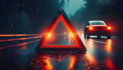 night road emergency warning triangle reflective red light car accident rainy night safety caution sign transportation hazard wet asphalt dark background help risk alert