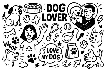 dog lover doodle set with puppies, paw prints, dog house, and playful pet care icons, Transparent Background