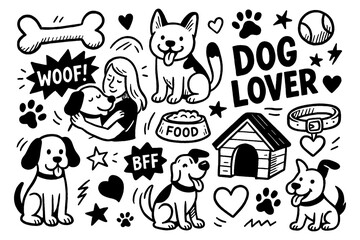 dog lover doodle set with puppies, paw prints, dog house, and playful pet care icons, Transparent Background