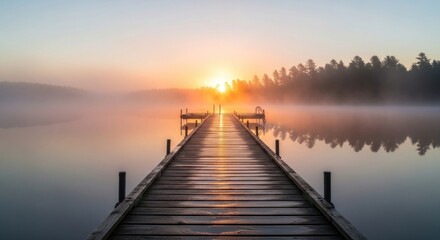 A wooden dock extending into a calm lake at sunrise, with a misty forest in the background and a golden sun setting behind it.