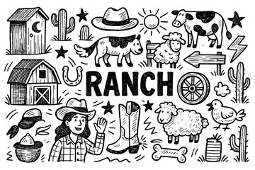 ranch doodle composition with cowboy, horse, barn, tractor, and farm animal icons, Transparent Background