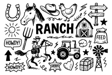 ranch doodle composition with cowboy, horse, barn, tractor, and farm animal icons, Transparent Background