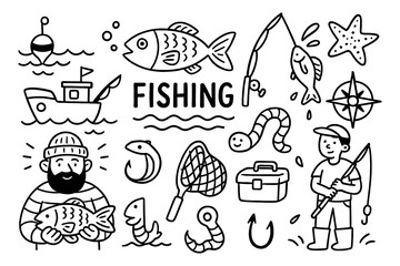doodle composition of fishing activity with fish, boat, fisherman, and fishing gear icons, Transparent Background