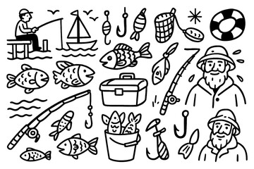 doodle composition of fishing activity with fish, boat, fisherman, and fishing gear icons, Transparent Background