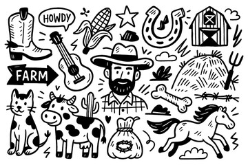 ranch doodle composition with cowboy, horse, barn, tractor, and farm animal icons, Transparent Background