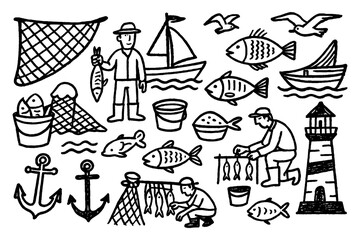 doodle composition of fishing activity with fish, boat, fisherman, and fishing gear icons, Transparent Background