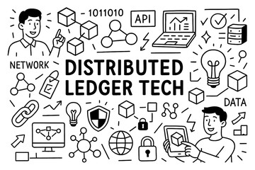 doodle composition of distributed ledger technology with blockchain, data transfer, and security icons, Transparent Background