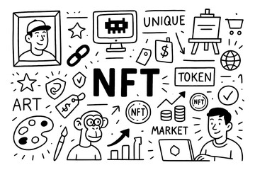 doodle composition with NFT blockchain art icons and digital ownership symbols, Transparent Background