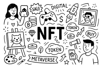 doodle composition with NFT blockchain art icons and digital ownership symbols, Transparent Background