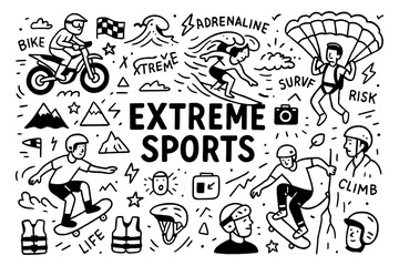 doodle composition with extreme sports activities and adventure icons, Transparent Background