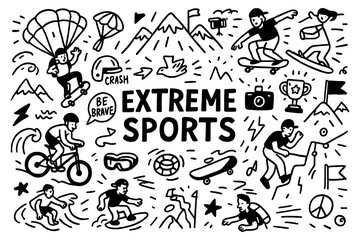 doodle composition with extreme sports activities and adventure icons, Transparent Background