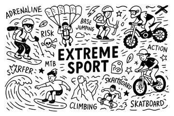 doodle composition with extreme sports activities and adventure icons, Transparent Background