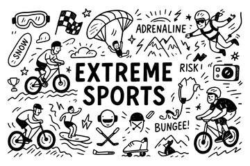 Fototapeta premium doodle composition with extreme sports activities and adventure icons, Transparent Background
