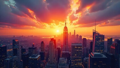 Fototapeta premium A gleaming cityscape skyline at sunset, symbolizing the vast potential and prosperity of a thriving enterprise Ambitious growth and financial success are depicted , victory, financial, skyline