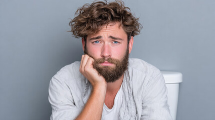 Constipation, A person sitting on a toilet appears stressed, expressing emotions in a humorous or relatable manner.