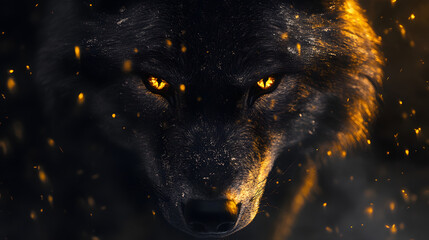 Dramatic close-up of a wolf's face, highlighted by glowing yellow eyes and golden sparks.
