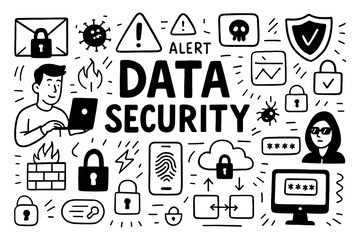doodle composition with data security icons and online protection elements, Transparent Background