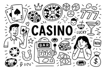 doodle composition with casino icons and gambling entertainment elements, Transparent Background