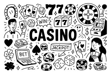doodle composition with casino icons and gambling entertainment elements, Transparent Background