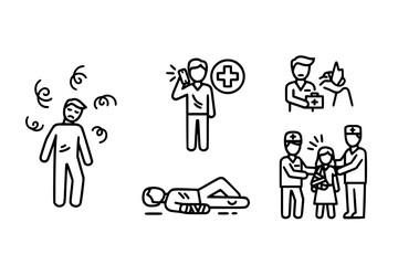 Fainting Icons Set: Line Art Icons of People Experiencing Medical Emergencies, Calling for Help, Lying Injured, Receiving Care.