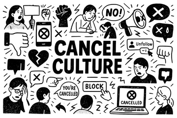 doodle composition with cancel culture icons and social boycott elements, Transparent Background