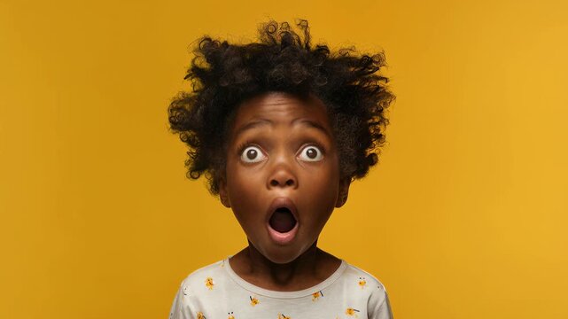 Shocked child on mustard yellow background with perfect centered framing, a universal wow reaction that pops in feeds &mdash; great for education promos, family apps, meme templates, and playful campaign mo