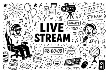 Fototapeta premium doodle composition with sleep deprived live streamer icons and gaming lifestyle elements, Transparent Background