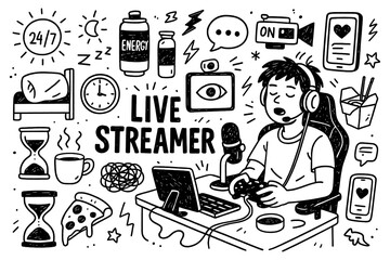doodle composition with sleep deprived live streamer icons and gaming lifestyle elements, Transparent Background