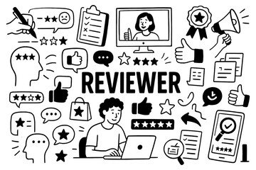 doodle composition with reviewer icons and online feedback elements, Transparent Background