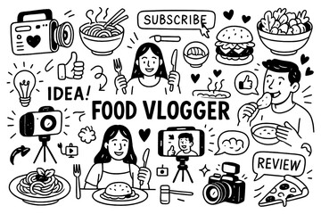 doodle composition with food vlogger icons and social media dining elements, Transparent Background