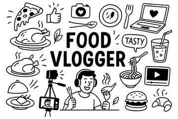 doodle composition with food vlogger icons and social media dining elements, Transparent Background