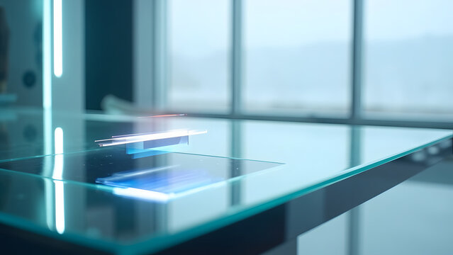 Close-up of futuristic glass desk with floating holographic screen, bright minimal sci-fi workspace design and large blurred background for copyspace. - Powered by Adobe