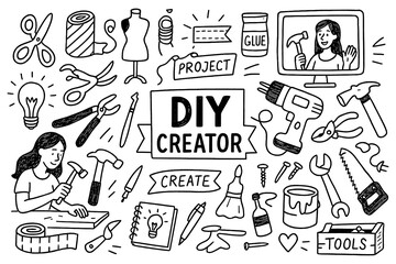 doodle composition with diy creator tools and crafting elements, Transparent Background