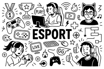 doodle composition with esport gaming icons and competitive tournament elements, Transparent Background