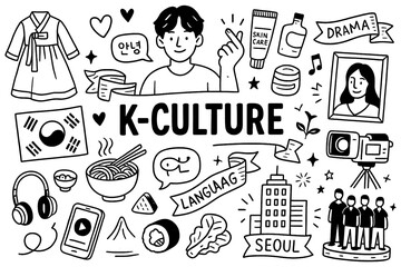doodle composition with korean culture icons including k pop fashion and drama elements, Transparent Background
