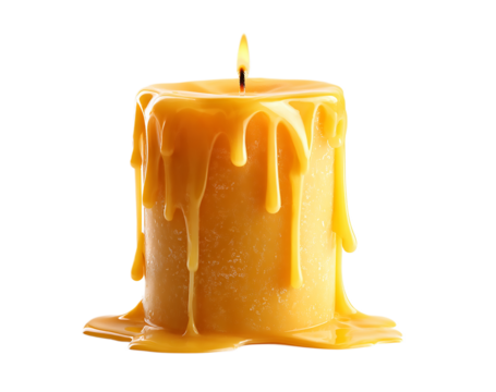 Close up of a lit yellow candle with dripping wax on a  isolated on transparent background