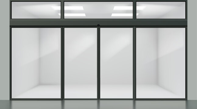 Glass door. Office window front view. Shop building storefront transparent frame. 3D doorframe. Mall facade. Empty boutique. Realistic metal entrance. Vector architecture exterior mockup