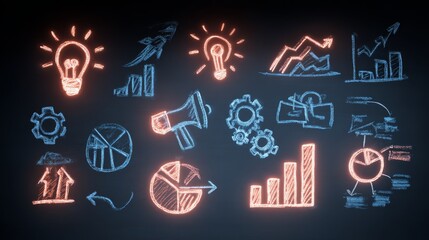 Obraz premium Creative Business Brainstorming Session with Graphs and Ideas, Modern Office, Digital Illustration, Innovative Environment