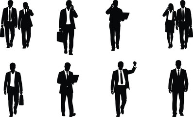 Business professionals walking in silhouette, formal attire, briefcase, laptop, corporate team, office workers, career path, professional motion, success