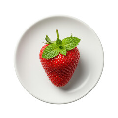 Perfectly ripe red strawberry with green mint leaf on white plate, isolated on transparent. Top-down, high-key studio macro shot, shadowless, concept of natural beauty and elegance