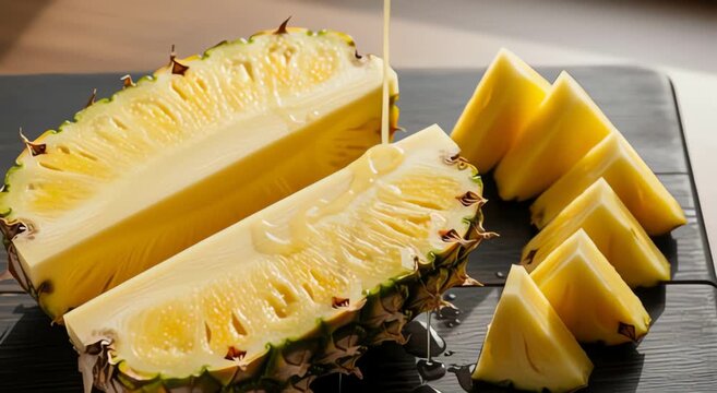 Fresh pineapple slices being drizzled with sweet syrup on a dark textured surface for a tropical fruit snack or healthy food editorial.