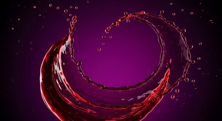 Scenic view of a dynamic red wine splash forming a circular arc with droplets splattering against a vivid purple background creating an energetic and artistic visual effect