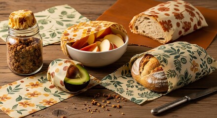 Fresh fruit and avocado wraps prepared with sustainable reusable food wraps on wooden table.