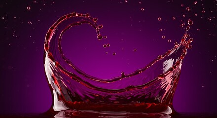 Vivid splash of red wine with dynamic ripples and droplets against a deep purple background, capturing the movement and energy of pouring wine into a glass or container