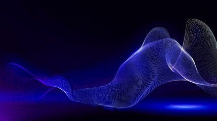 Abstract flowing shape created from glowing dots moving on a dark blue background for presentations and desktop backgrounds
