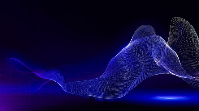 Abstract flowing shape created from glowing dots moving on a dark blue background for presentations and desktop backgrounds