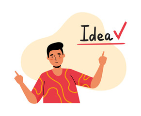 Notebook sticker. Man with idea. Solution checkmark. Business strategy. Brainstorm insight. Startup project. Organizer planning. Goal complete. Businessman decision. Planner vector label