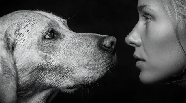 Un Labrador et son ma&icirc;tre, face &agrave; face en vue de profil : un regard complice, l'expression de leur fid&eacute;lit&eacute; et de leur complicit&eacute;