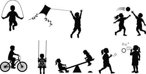 Children silhouettes playing outdoors, jumping rope, flying kite, riding bicycle, blowing bubbles, swinging, seesaw fun, active kids, outdoor recreation